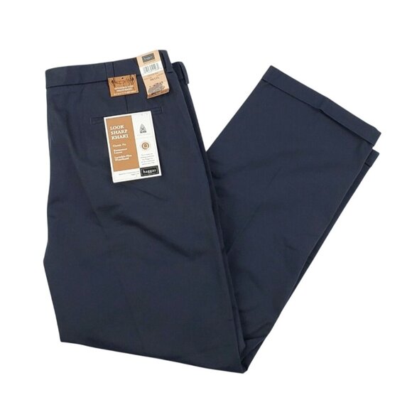 Haggar Pant Men 40x31Pleated Cuffed Invisible Flex Waistband Dark Navy Khaki NWT - Picture 2 of 11
